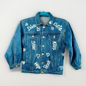 Vintage Kids Denim Jean Jacket Blue Painted Rhinestones Diva Cutie Hearts Large